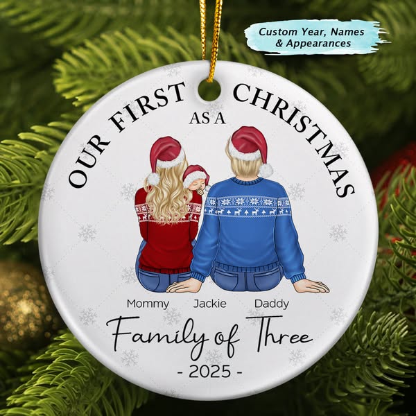 First Christmas As A Family Of Three New Parents - Personalized Circle Ceramic Ornament