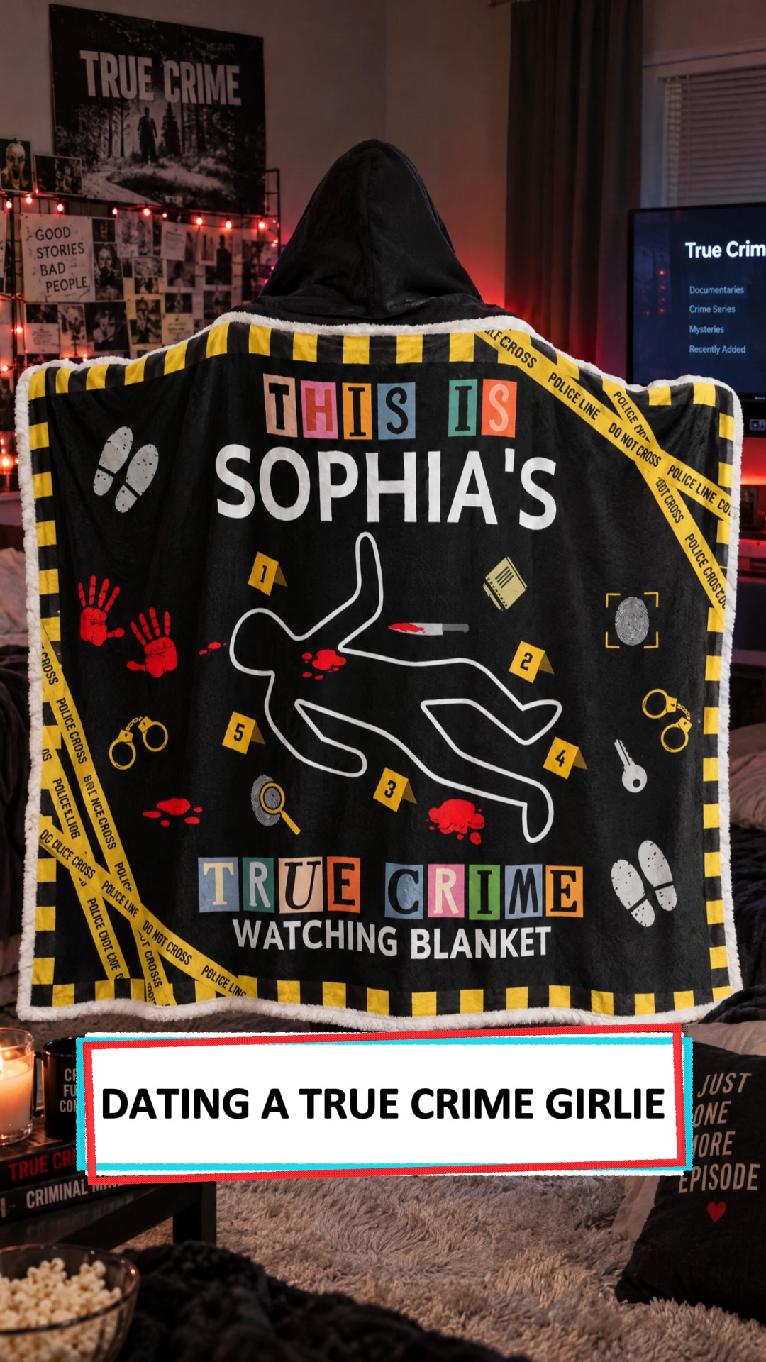 Surprise your true crime girlfriend with a wearable hooded blanket featuring her name for every late-night binge