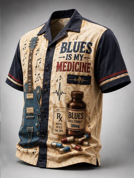 Men's Vintage Blues Guitar Medicine Bottle Musical Note Art Print Short Sleeve Shirt