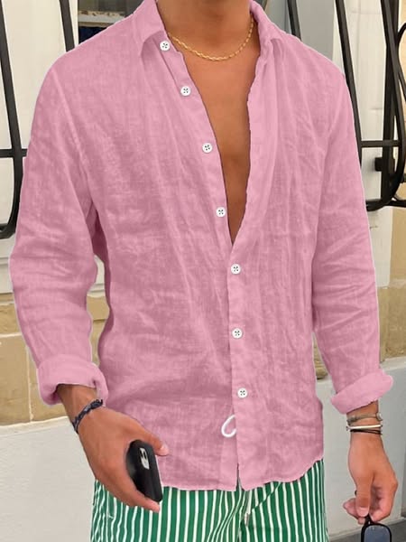 Men's Shirt Linen Shirt Summer Shirt Beach Shirt Plain Casual Daily Black White Pink Royal Blue Long-Sleeve Lapel Spring & Summer Clothing A