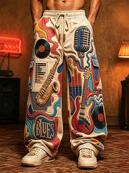 Men's Retro Blues Music Art Print Casual Pants