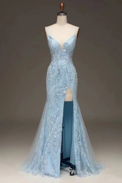 Elegant Sky Blue Applique Prom Dress Sheath Mermaid Dress | Risias Dark Navy-US16W