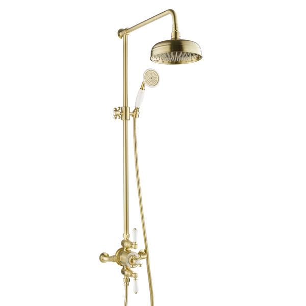 Butler & Rose Caledonia Cross Exposed Dual Outlet Rigid Riser Thermostatic Shower Set - Brushed Brass