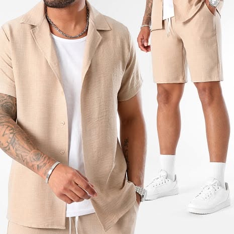 €54.99 | Ensemble Chemise Manches Courtes Et Short Effet Lin 0946 Beige