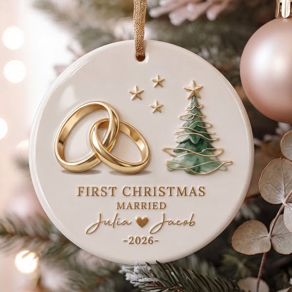 Personalized "First Christmas Married" Ceramic Ornament
