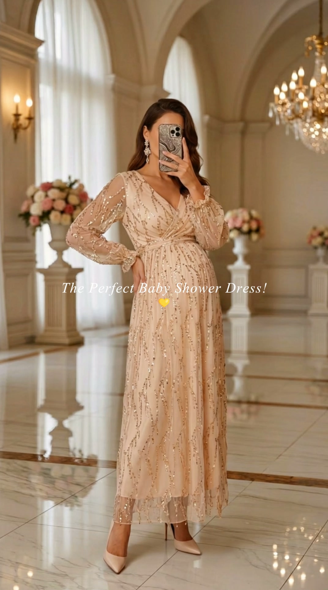 Sequin V Neck Lantern Sleeve Maternity Maxi Dress
