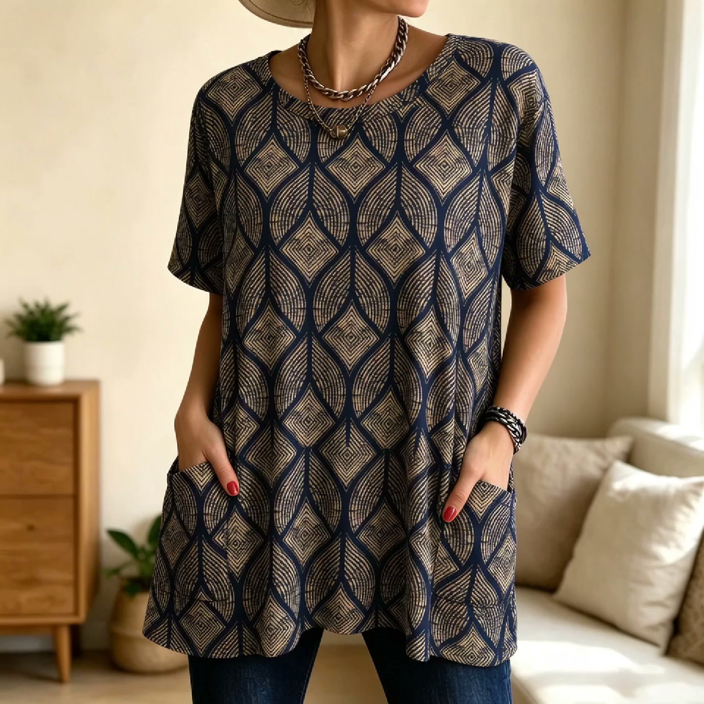 Navy Geometric Tunic: Super Stretchy + Hides Tummy & Hips!