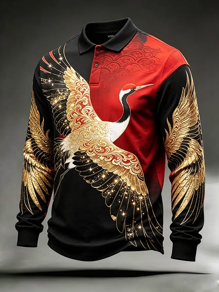 Men's Golden Crane Wings Spread Art Print Long Sleeve Polo Shirt