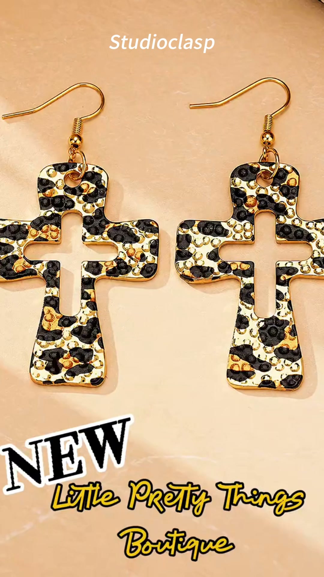 Leopard Print Cross Drop Earrings Women Hammered Gold Tone Dangle Earrings Western Boho