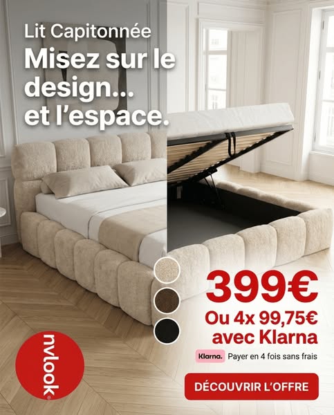 Lit coffre MONCEAU – Tête de lit capitonnée design en velours ou bouclette – Coffre de rangement intégré