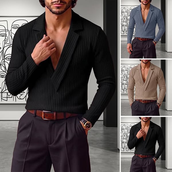 Men's Smart-Casual Ribbed Knit Plunging V-Neck Lapel Long Sleeve Shirt