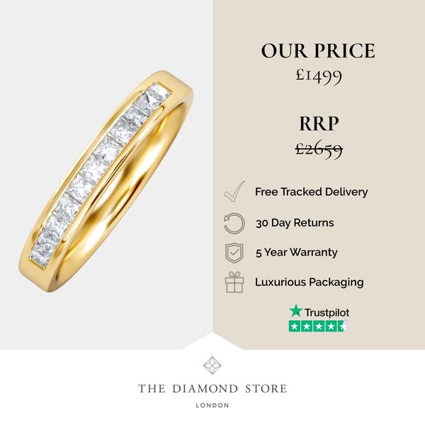 18K Gold Princess Diamond Half Eternity Ring 0.50CT H/SI
