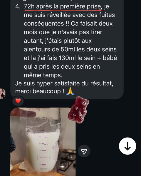 Maths selon Milk Boost : 2 gummies/jour × quelques jours = ml en +
