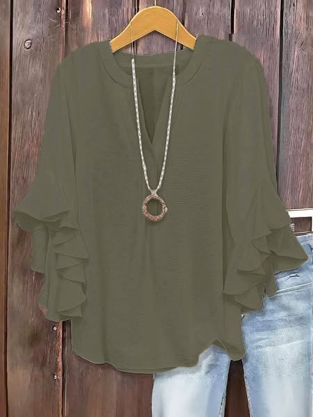 Plus Size Women's Floral V-Neck Blouse Flowy Ruffled Sleeve Top for Arm & Tummy Flattering Lightweight Casual Summer Shirt - Olive Green