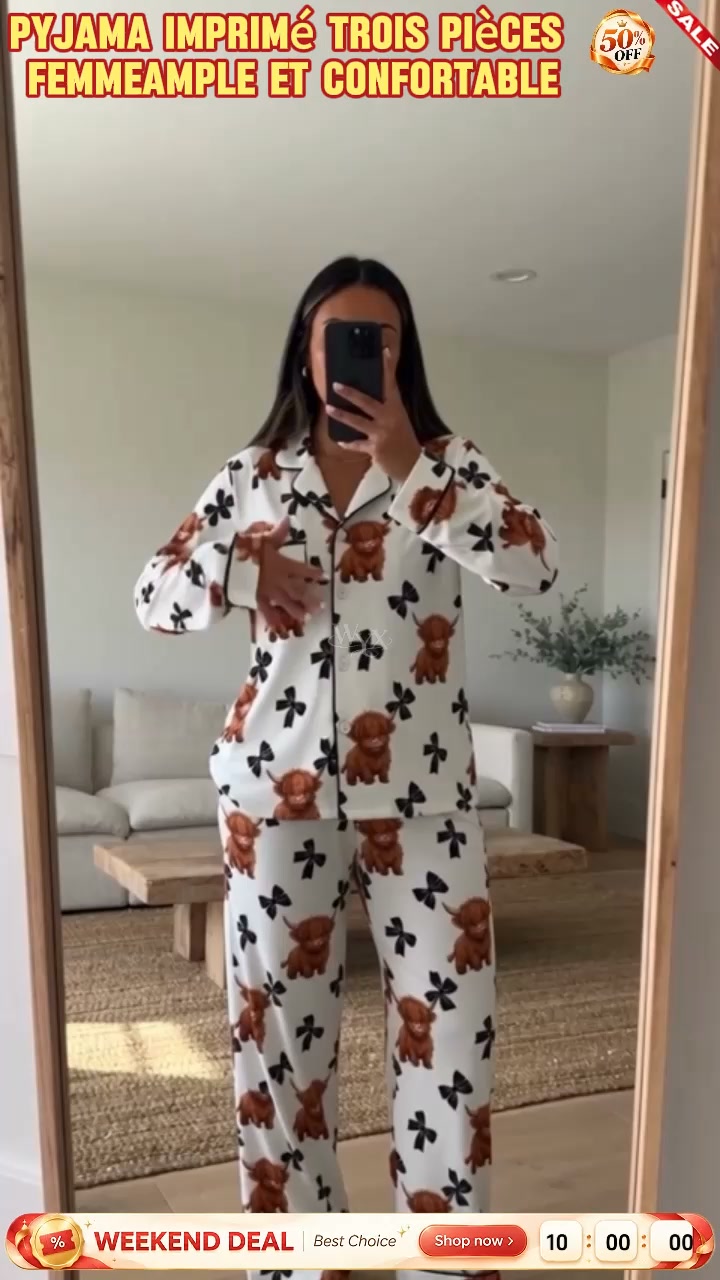 Ensemble de pyjama 3 pièces pour femme à motif vache Highland