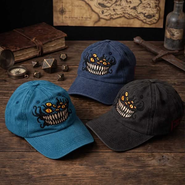 Custom DND Mimic 3D‑Embroidered Adjustable Baseball Cap, Personalized Side Text TTRPG Monster Hat, DND Geek Gift