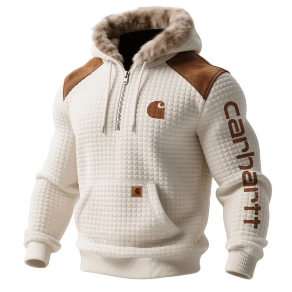 Men's Retro Western Style Waffle Panel Suede Fur Collar Hooded Sweatshirt Off-white-3XL