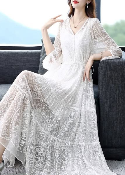 White Lace Up Nail Bead Long Dresses V Neck Summer Black-S(Fit for EU 38-40, US 6-8, UK/AU 10-12, IT 42-44)