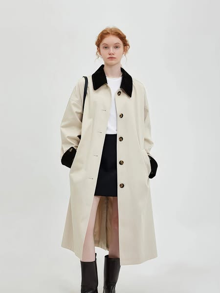 Fano Studios New Retro Color-Block Long Trench Coat, Beige