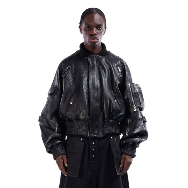 BLACK DRIED CONCRETE LEATHER BOMBER