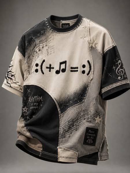 Men's Color Block Patchwork Rhythm Music Equation Art Print Casual T-Shirt