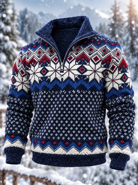 Pull bleu aux motifs d’hiver inspirés des tricots islandais