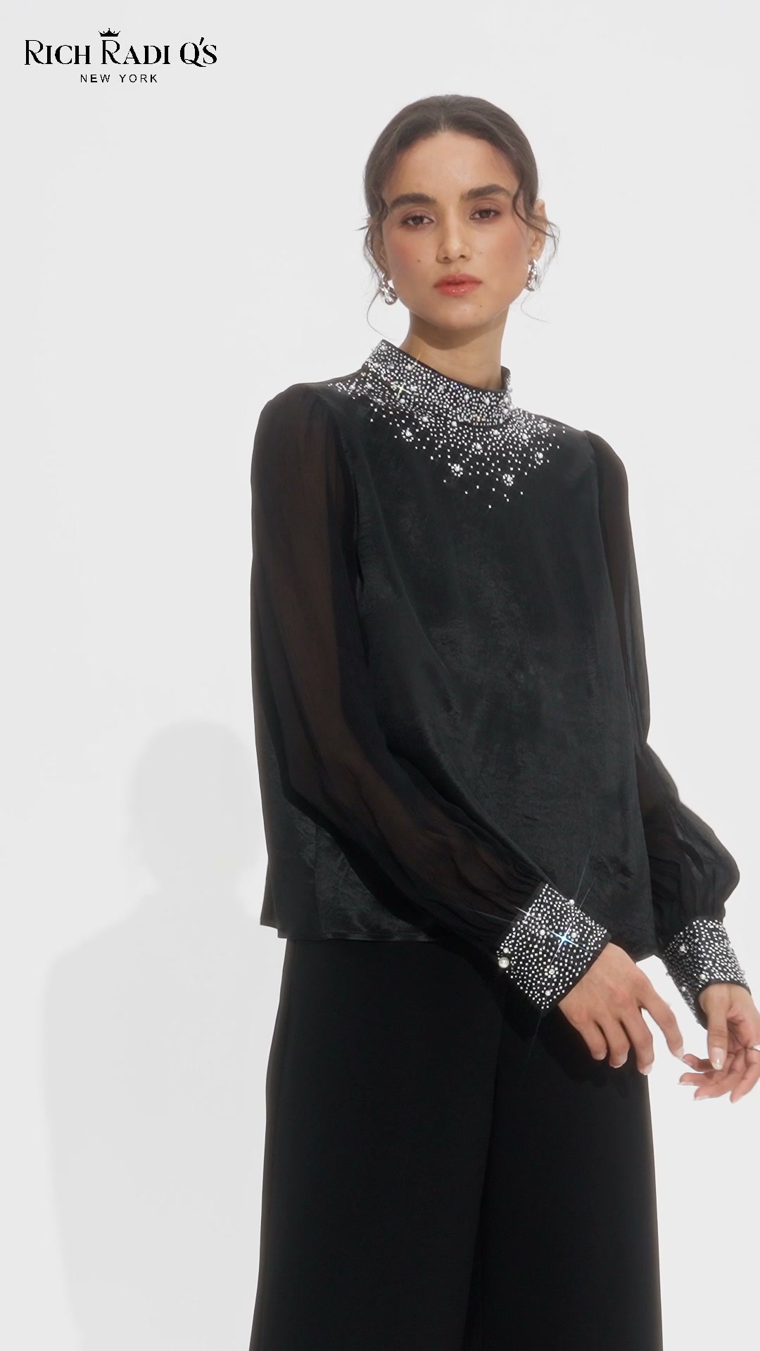 Satin Mesh Rhinestone Mock-Neck Blouse