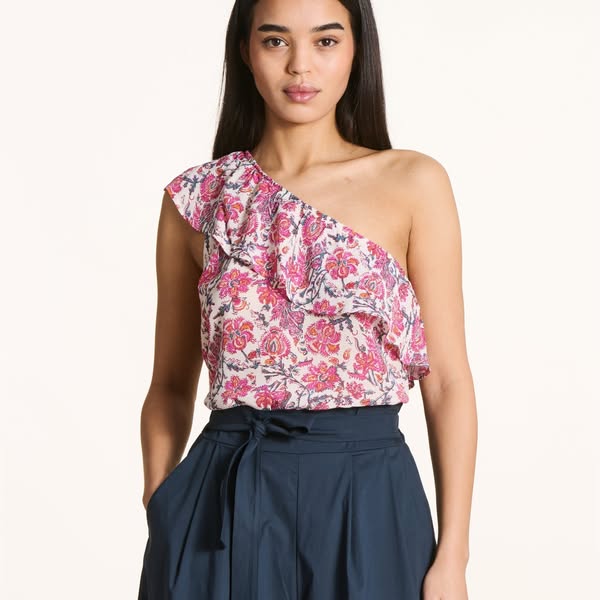 Top court rose one-shoulder à imprimé floral - Femme - Taille 40 - Ecru/rose - La Fée Maraboutée