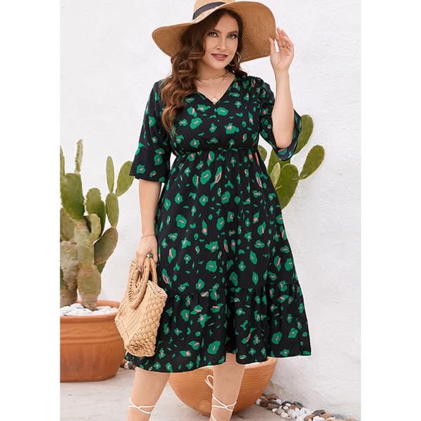 Fashion Black V Neck Print Patchwork Chiffon Maxi Dresses Summer