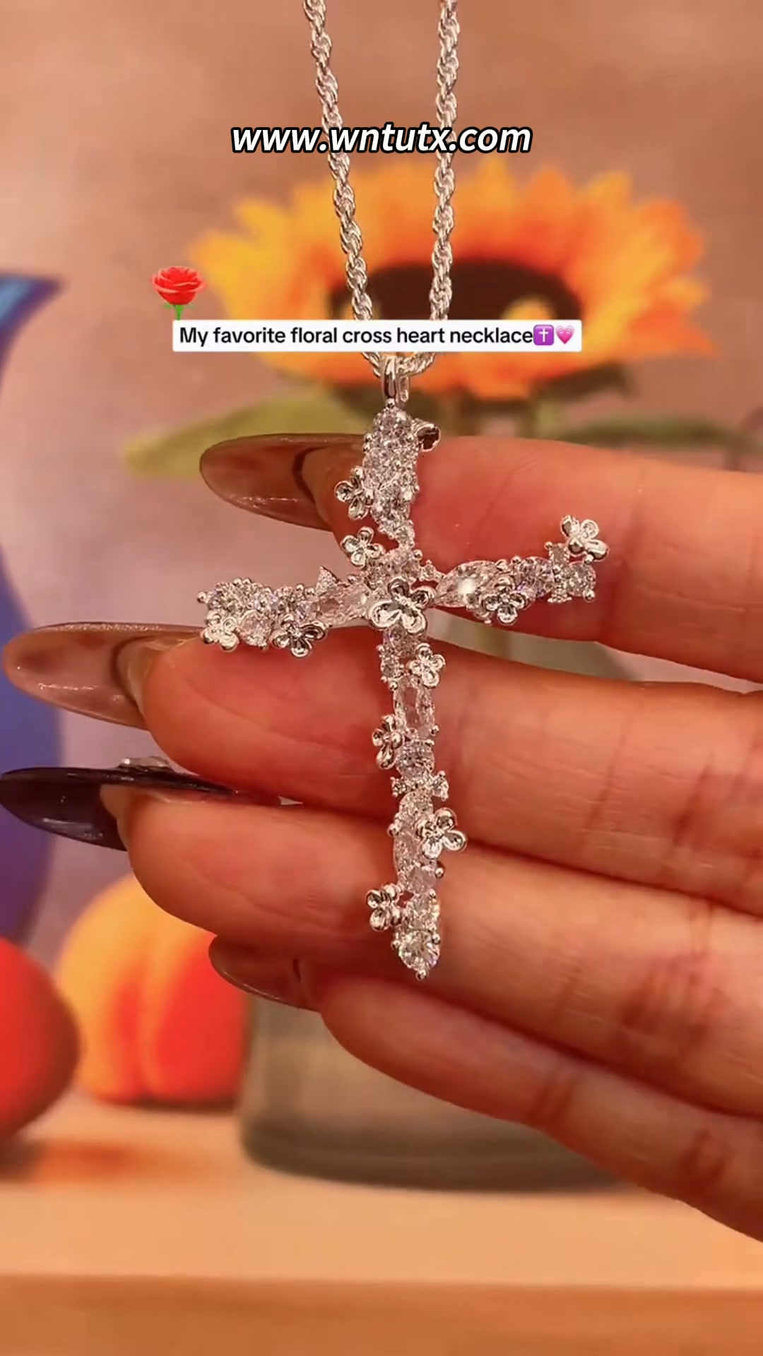 Floral‑Cluster Diamond Cross Pendant Necklace