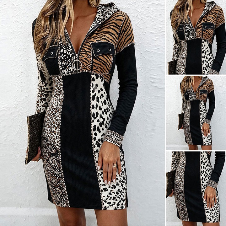 Hooded Leopard Print Zip Dress