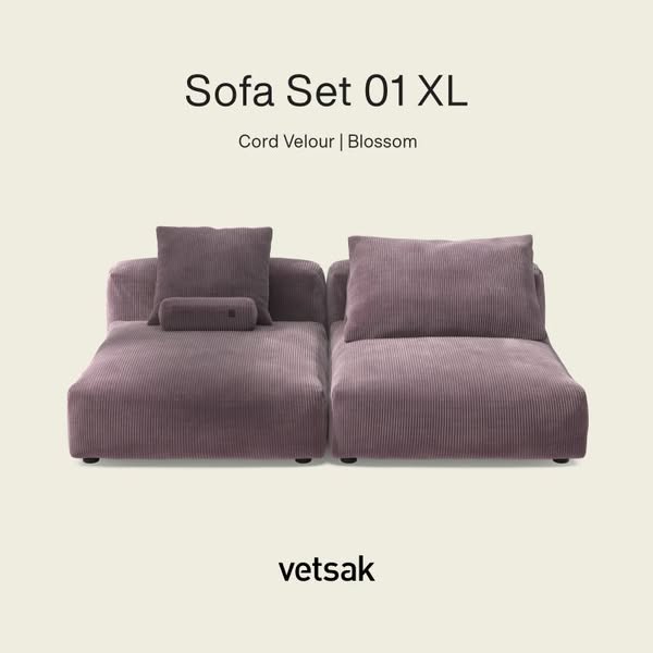 vetsak | Sofa Set 01 XLarge - Cord Velour - Blossom | Modular Sofa | 3.5 Seater