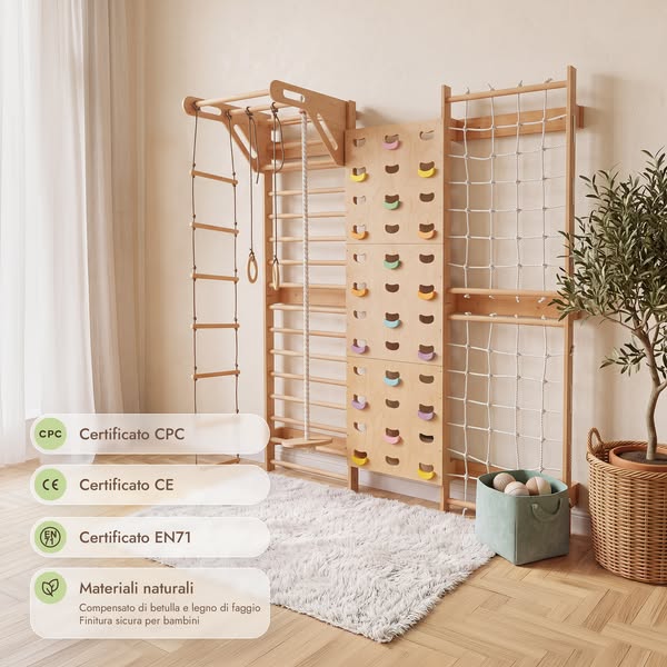 7-in-1 Parete da Arrampicata per Bambini: Spalliera, Prese, Rete, Sbarra Trazioni e Set Altalena 3in1