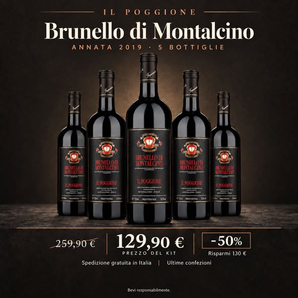 Set da 5 bottiglie di vino rosso: Il Poggione Brunello di Montalcino, 5 × 750 ml