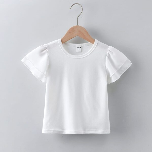 T-Shirt Blanc À Volants Col Rond Pour Filles Chemises Assorties Uni Simple Manches Volantes Coupe Régulière Décontracté Été Haut Polyvalent