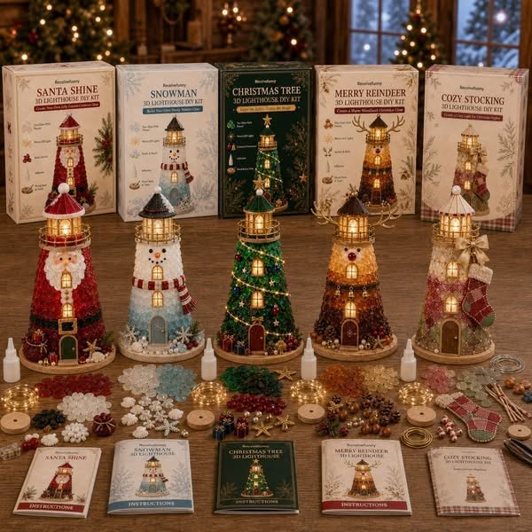 Beginner-Friendly DIY Lighted Christmas Character Sea Glass-Style Lighthouse Kit Collection | Complete Kit with Sea Glass-Style Pieces, LED