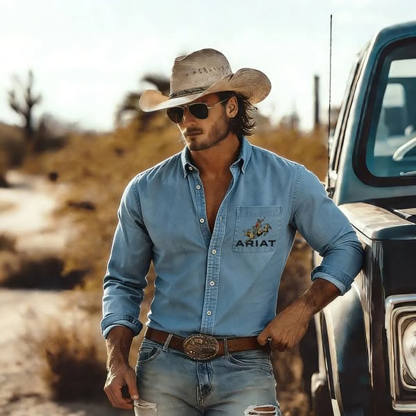 Cotton Western Shirt For Men With , Long Sleeve Casual Cowboy Button-Down Shirt Light blue-XXL