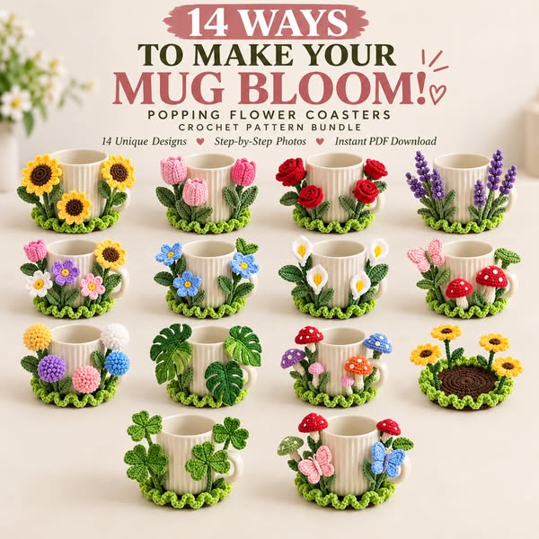 10+ Popping Flower Coasters Crochet Pattern Bundle
