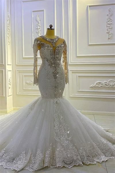 Jewel Mermaid Long Sleeves Wedding Dress With Beadings Applique | Risias Ivory-US22W