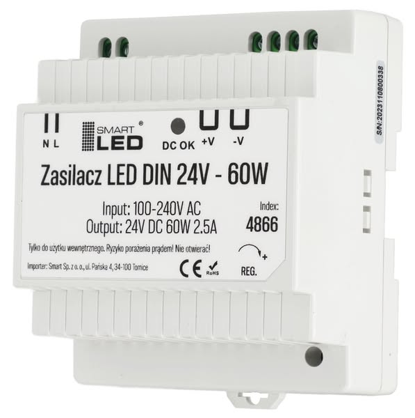 Zasilacz do taśma LED na szynę domofon DIN POS 2.5A 60W 24V