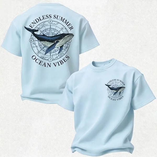 Endless Summer Ocean Vibes Whale Compass Nautical Maritime Adventure Coastal Aesthetic Cotton Print Men's T-shirt Sky Blue-XL
