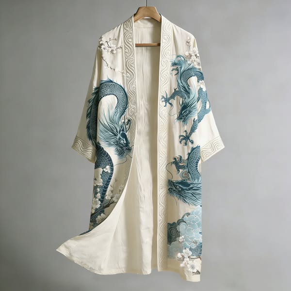 Japanese Style Dragon And Apricot Blossom Art Cotton Linen Kimono Beige-3XL$37.99