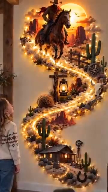 Western Cowboy LED Wall Decor – Lighted Wild West Desert Scene with Horseback Rider, Cactus & Ranch Details