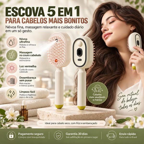 Escova de Cabelo 5 em 1 – Névoa, Massagem do Couro Cabeludo e Cuidados