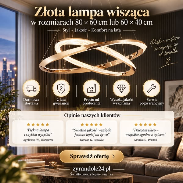 Lampa sufitowa ring LED 80x60 cm – złota, 98W, pilot (2 pierścienie)