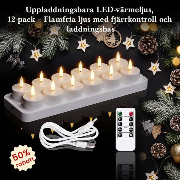 Skapa magisk stämning hemma! Uppladdningsbara LED-värmeljus 12-pack med fjärrkontroll – säkra, flamfria & eleganta