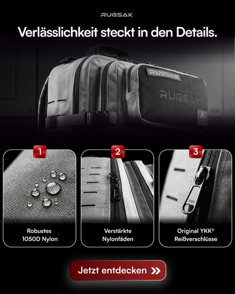1050D Nylon. Original YKK. 3 Jahre Garantie.