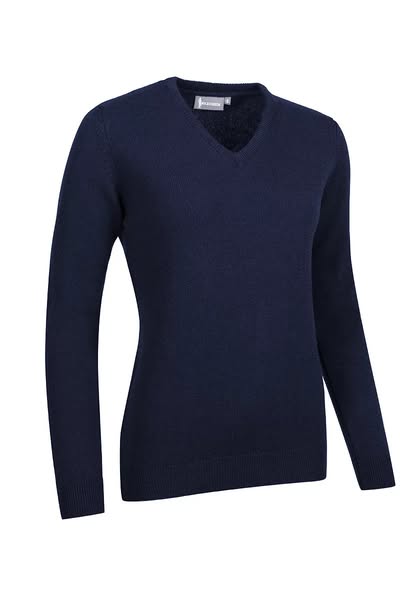 £100 | Ladies V Neck Lambswool Midweight Golf Sweater Navy L