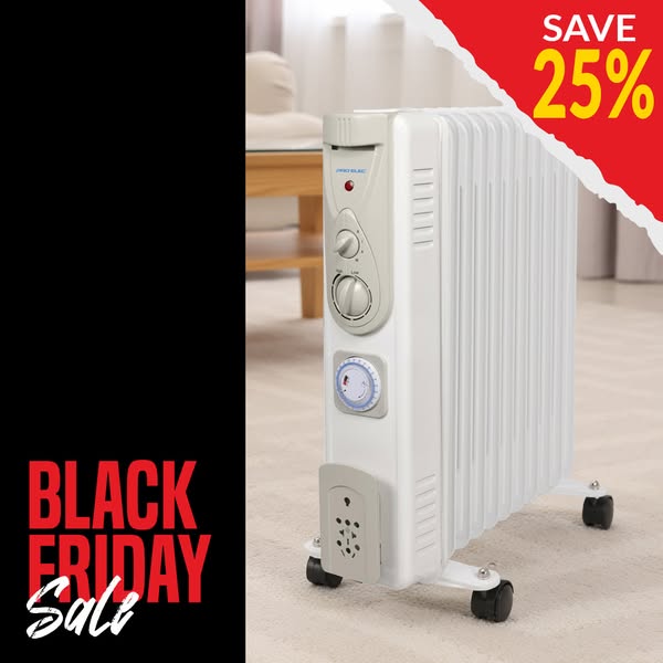 2.5kW 11 Fin Oil Filled Radiator with Timer, White