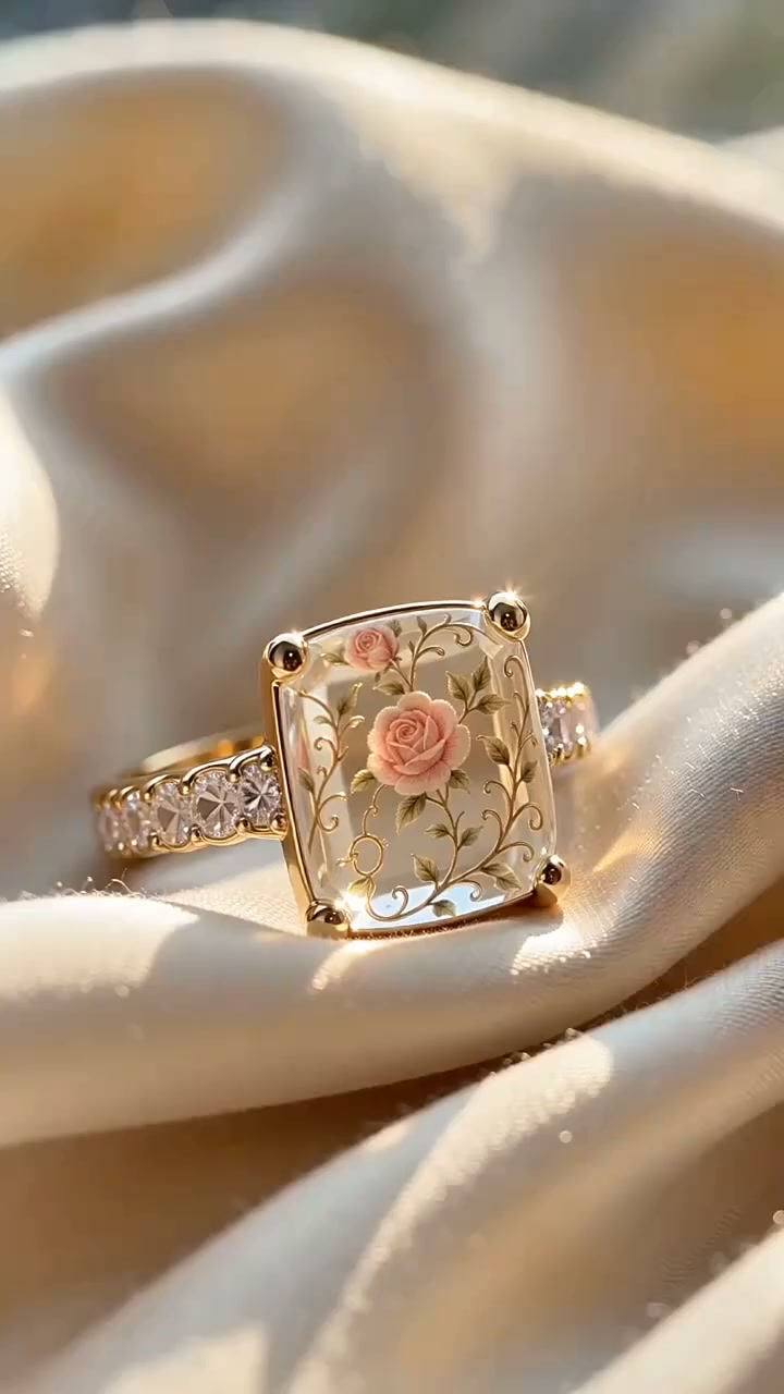 Vintage Rose Floral Crystal Statement Ring with Gold-Tone Band